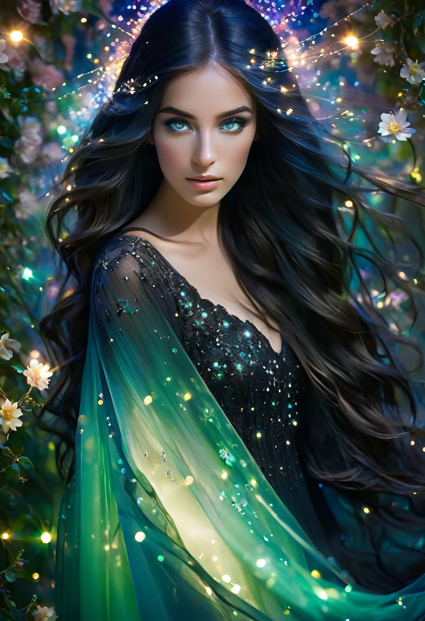 Create the image of a beautiful woman, green eyes, full mouth, wearing a black veil and a matching black dress, adorned with small iridescent and transparent crystals. Crystals like tiny pearls are delicately scattered throughout the flowing hair, veil and dress, catching the light and adding an ethereal, sparkling quality. Her long hair falls softly beneath the veil and her expression is serene and captivating. The ethereal background with colorful light splashes and flowers contrasts with the sparkling crystals, making her stand out as a mystical and enchanting figure, with the crystals reflecting subtle shades of color as they catch the light of this stunning, dynamically posed image. Nikon D7000 camera, 35mm lens, f16, 125sec.UHD speed.