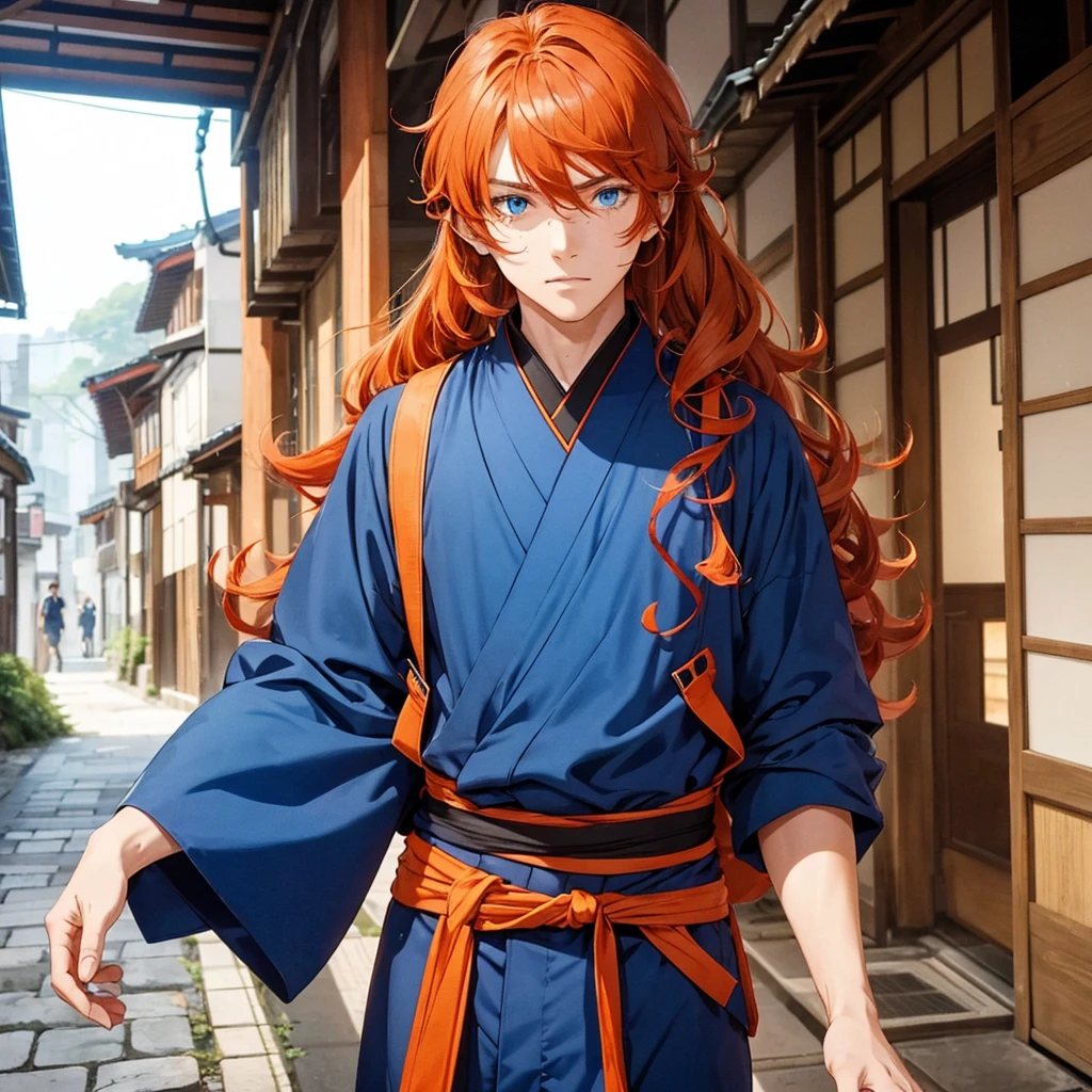 A boy with curly dark
Orange hair blue eyes blue ninja outfit anime in an Japanese old city handsome freckles