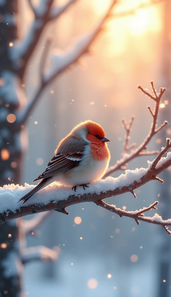 snowy season, snow-covered tree branch, A fluffy bullfinch dozes in the rays of the morning sun, Snowy Forest, sparkling snow on the branches of trees, Beautiful sunlight, penetrating through the trees, snowy taiga