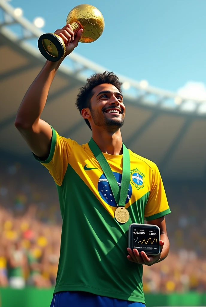 Imagining a Brazilian athlete on the podium with a smartwatch monitoring his heart rate, you can visualize a vibrant and inspiring scene. The athlete, with the medal shining around his neck, lifts the trophy with a smile of pride and relief. The smartwatch on your wrist, visible even in the middle of the celebration, reflects the cutting-edge technology and meticulous preparation that contributed to the success. Your watch screen may be showing heart rate graphs and other vital data, symbolizing the importance of constant monitoring during training and competition. The background is filled with the cheering of the crowd and the national flag., highlighting the athlete's triumph and dedication.