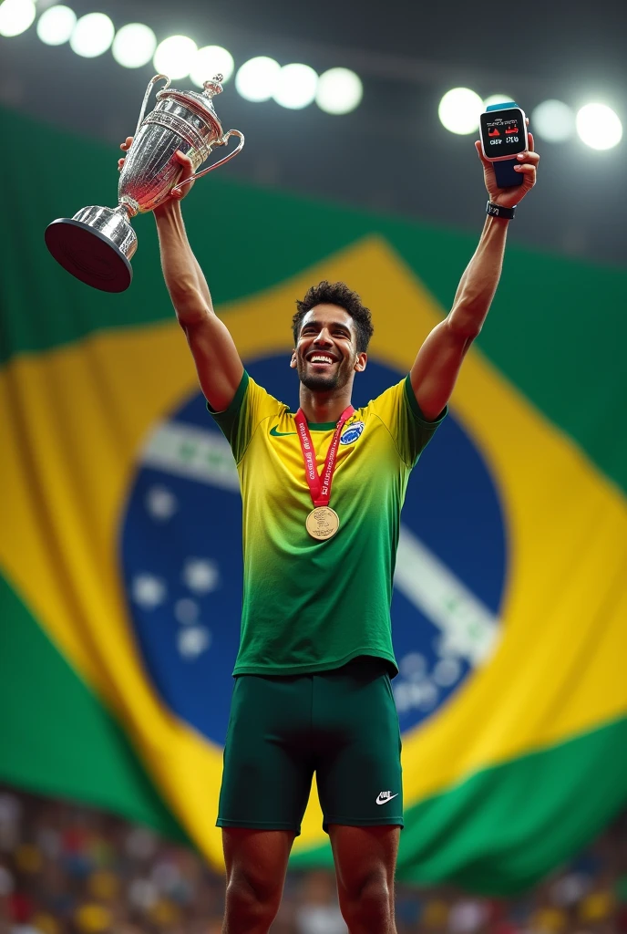 Imagining a Brazilian athlete on the podium with a smartwatch monitoring his heart rate, you can visualize a vibrant and inspiring scene. The athlete, with the medal shining around his neck, lifts the trophy with a smile of pride and relief. The smartwatch on your wrist, visible even in the middle of the celebration, reflects the cutting-edge technology and meticulous preparation that contributed to the success. Your watch screen may be showing heart rate graphs and other vital data, symbolizing the importance of constant monitoring during training and competition. The background is filled with the cheering of the crowd and the national flag., highlighting the athlete's triumph and dedication.