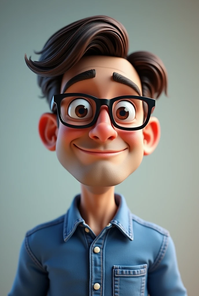 Cartoon character of a man wearing black glasses and a blue shirt, an animated character, stylized character, animation style render, Stylized 3 D, arnold maya render, 3 d render stylized, toon render keyshot, 3d character, 3 d character, stylized 3d render, 3 d character render, cartoon character, close up character, character posing, (Pixar style) (Masterpiece:1.2) (Bokeh) (Best quality) (Detailed skin) (Detailed texture) (8K) (Clay) (Cinematic lighting) (Sharp focus,Sits and leaks the upper body