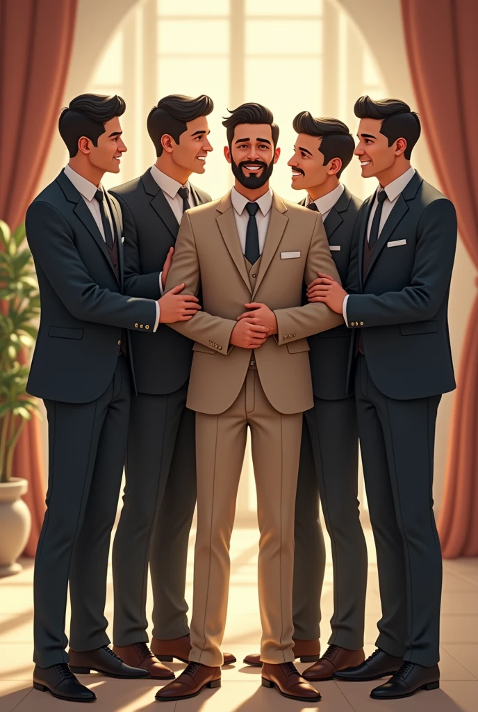 four male friends supporting the fifth male friend at his wedding in his beige suit, all with black hair