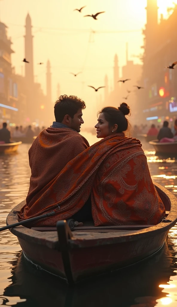 (Masterpiece) (highly detailed) Realistic1.6 a chubby girl with his boyfriend in winter shawl in ethnic ride boat in future banaras ghat, cyberpunk leon lights, cinematic lights in morning sun glow with cinematic lights and birds flying behind them sunlight create warm tone around her vide area UHD detailed 85mm lense realphotography 8K UHD