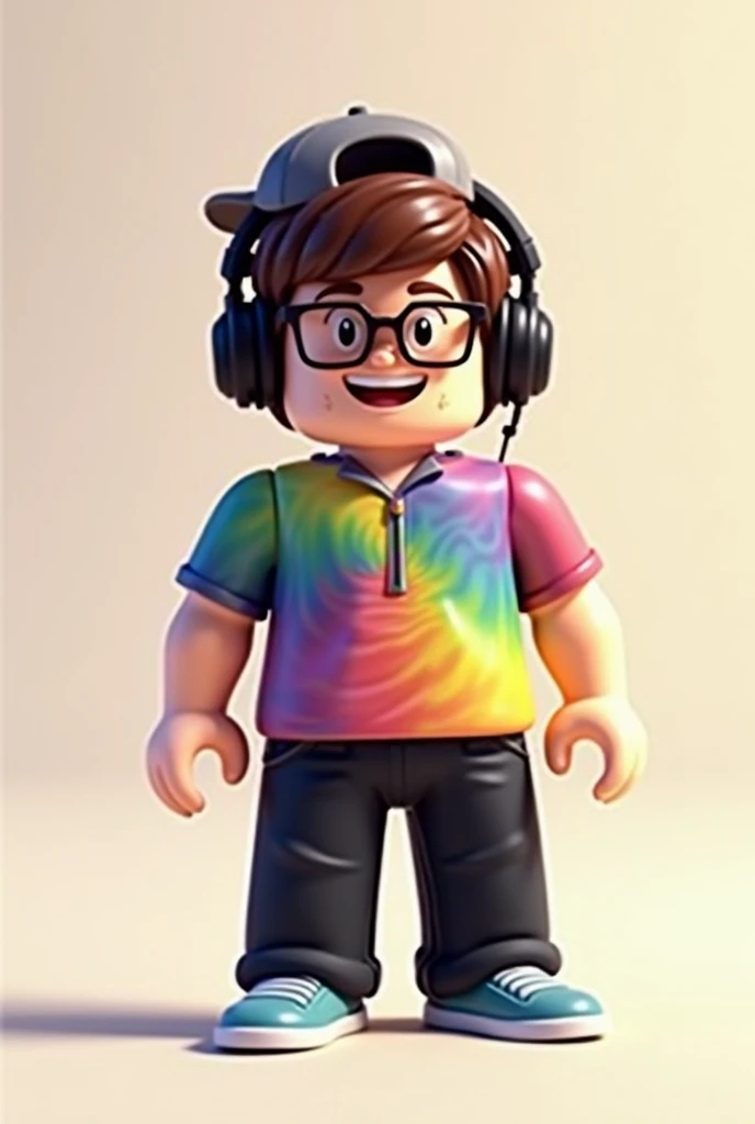 Brown-haired male character is a Roblox pixel, he has glasses, a cap and headphones, his shirt is of many colors and he has black pants