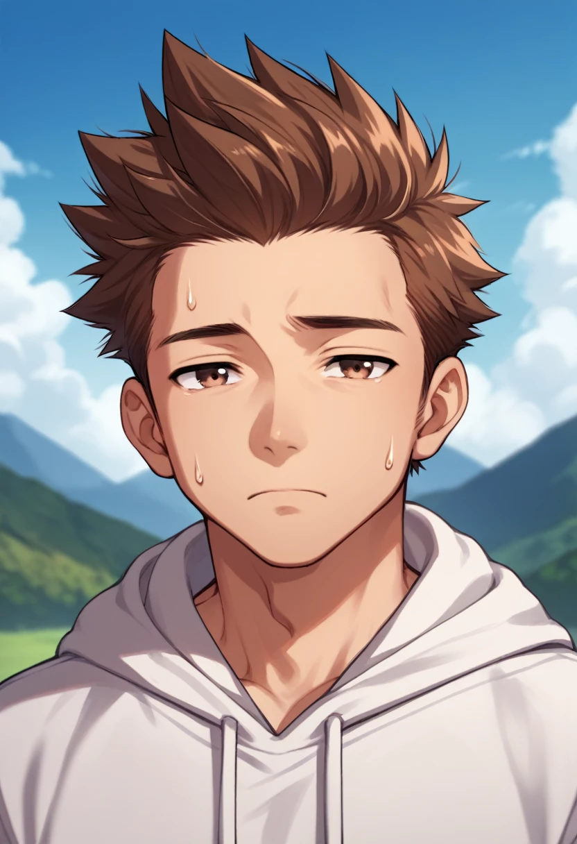 score_9, score_8_up, score_7_up, rating_safe, depth of field, 1boy, solo, male focus, taiju_ooki, brown hair, brown eyes, short hair, spiked hair, focused, mountain, day, sunny, arm support, sad, sweatpant,, 