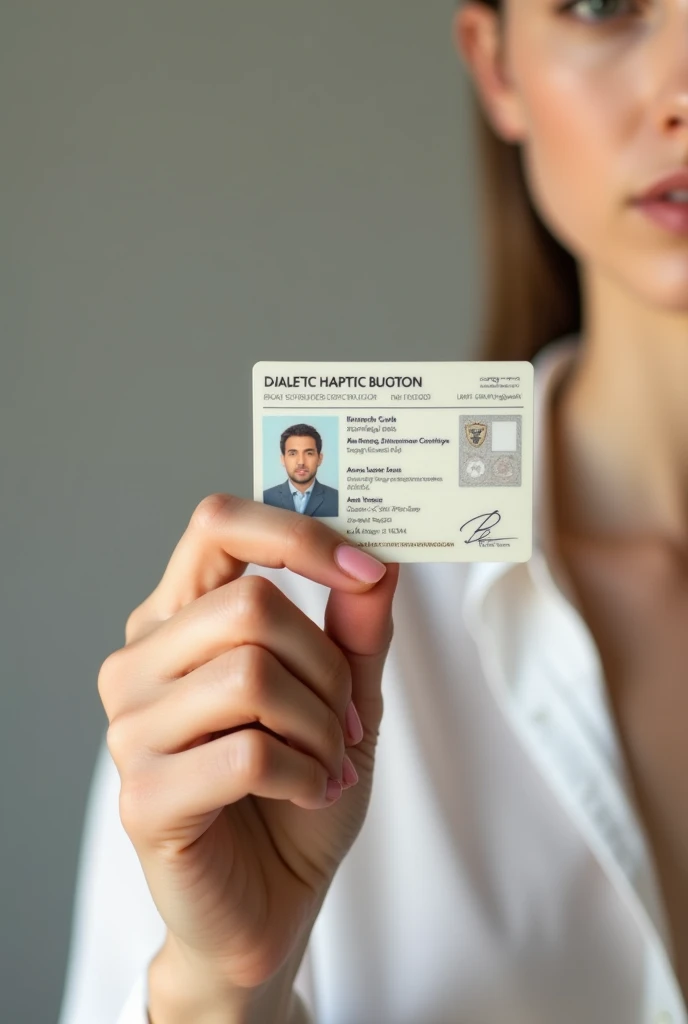 Take a selfie with a woman's hand holding an ID card 