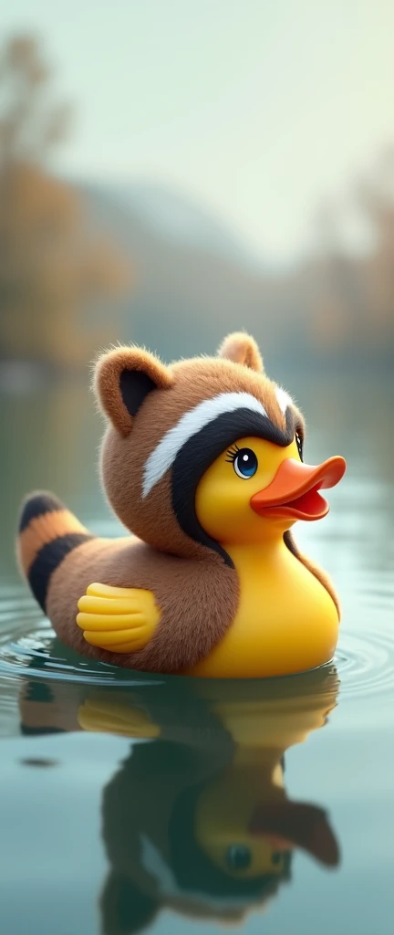A whimsical photo of a rubber duck expertly dressed as cute extra fluffy baby realistic TRANSPARENT raccoonThe duck is swiming on a lake, gazing out into the distance with a playful yet mischievous glint in its eye. The background features a calm, serene lake with a soft reflection of the scene., photo, 3d render, product, conceptual art