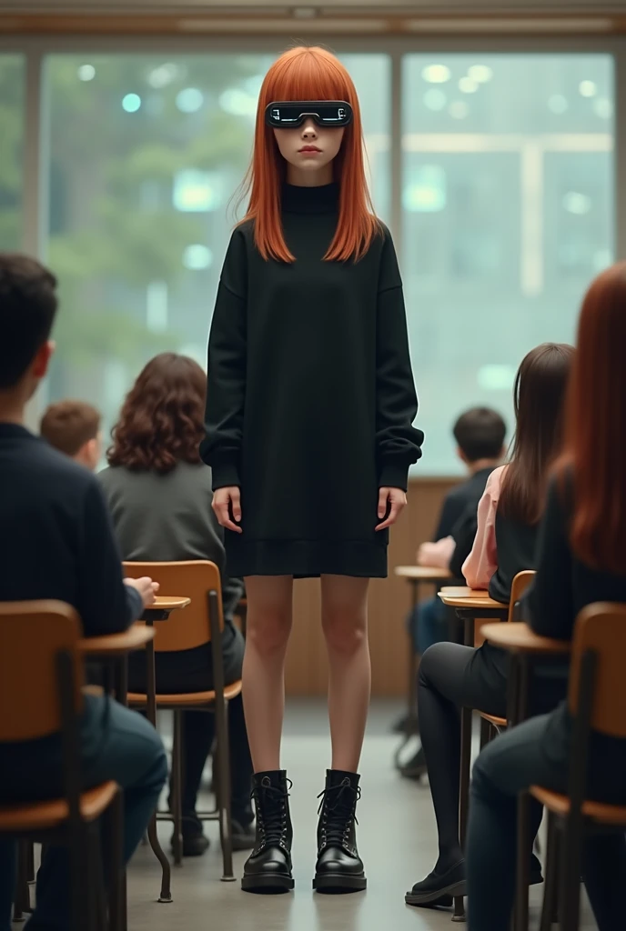 Tall, thin girl with straight reddish medium hair, and with a baggy black dress and black boots, in front of the class with artificial intelligence glasses, speaking in front of the class with university classmates