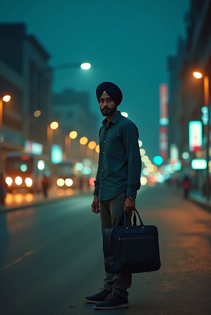 Make a movie poster " A 18 YEAR PUNJABI BOY , WEARING A TURBAN SIMPLE FULL SLEAVE SHIRT PANT, and holding a collage bag his body luck front of the camara , his background bustand in AMRITSAR city , waiting for a bus at night, wide angle shot
INFO
