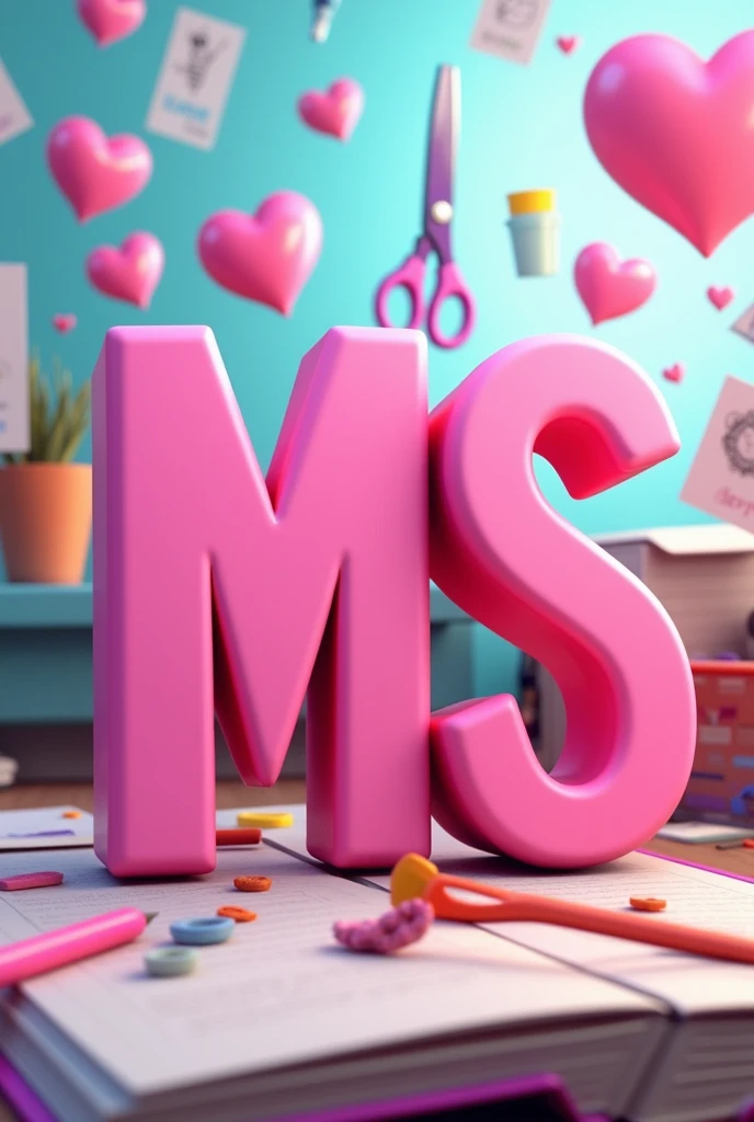 Create a logo with vibrant colors, with the initials MS in 3d pink, with printer drawings, agendas, scissors and several pink hearts. Pixar animation style