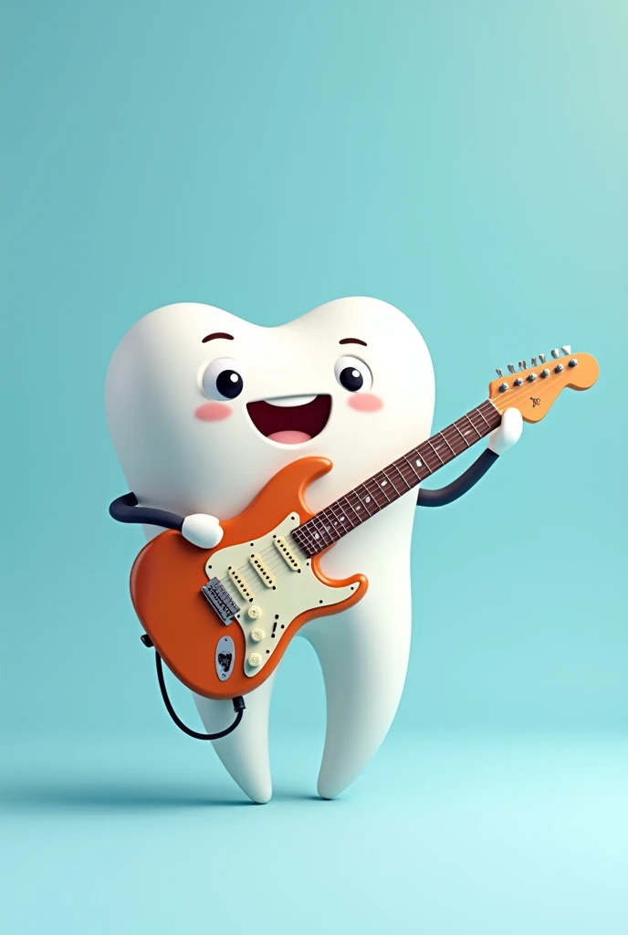 Tooth with light blue background, with a little face and playing an electric guitar