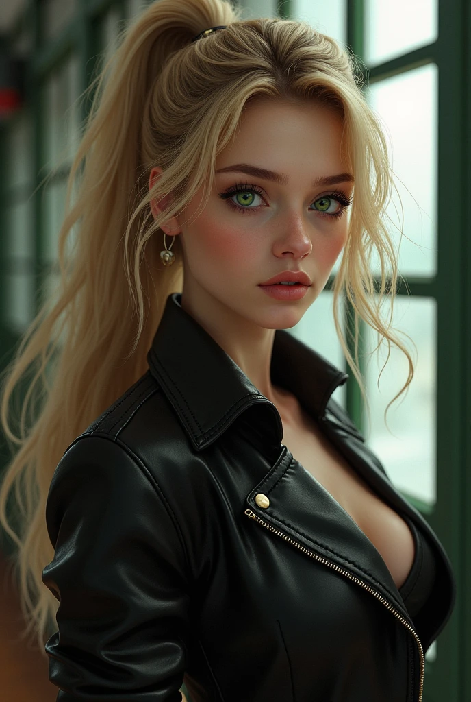 1fille, seulement, méthode, portrait, Cheveux longs, queue de cheval, cheveux blond, Yeux verts, gros seins, (veste en cuir noir:1.2) , encolure, école, ruboroso, regarder le spectateur,