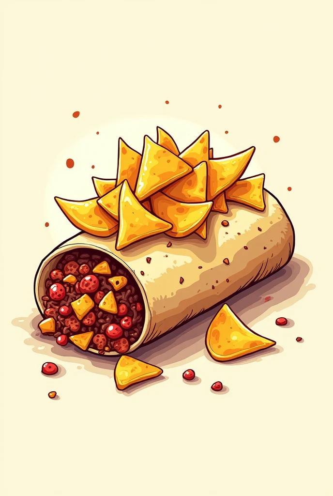 An image of a Mexican food that is a burrito with nachos that is eye-catching for a logo but in illustration