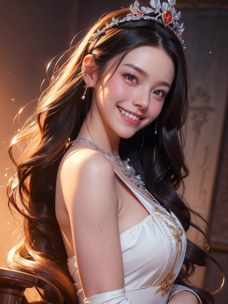 portrait of a beautiful 20 year old holy woman, wearing a thin multicolored silk dress, a beautiful face without blemish, without freckles and moles on her face, (((beautiful smile:1.4))), ((7 color long hair:1.2)), big crown, hair brooch, hanfu dress, chinese ancient style, full body jewelry, forehead tattoo: (very even and red lips, face full of details, face 1.8) the goddess' skin is smooth white, rosy, cinematic, light and dark, dramatic light, magical light, extremely detailed light, true color, super sharp, realistic, 8k quality, fantasy universe background, saint and magical space, the most detailed image,