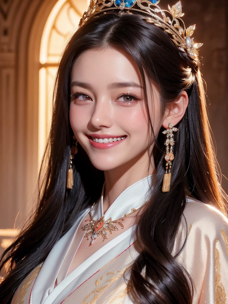 portrait of a beautiful 20 year old holy woman, wearing a thin multicolored silk dress, a beautiful face without blemish, without freckles and moles on her face, (((beautiful smile:1.4))), ((7 color long hair:1.2)), big crown, hair brooch, hanfu dress, chinese ancient style, full body jewelry, forehead tattoo: (very even and red lips, face full of details, face 1.8) the goddess' skin is smooth white, rosy, cinematic, light and dark, dramatic light, magical light, extremely detailed light, true color, super sharp, realistic, 8k quality, fantasy universe background, saint and magical space, the most detailed image,