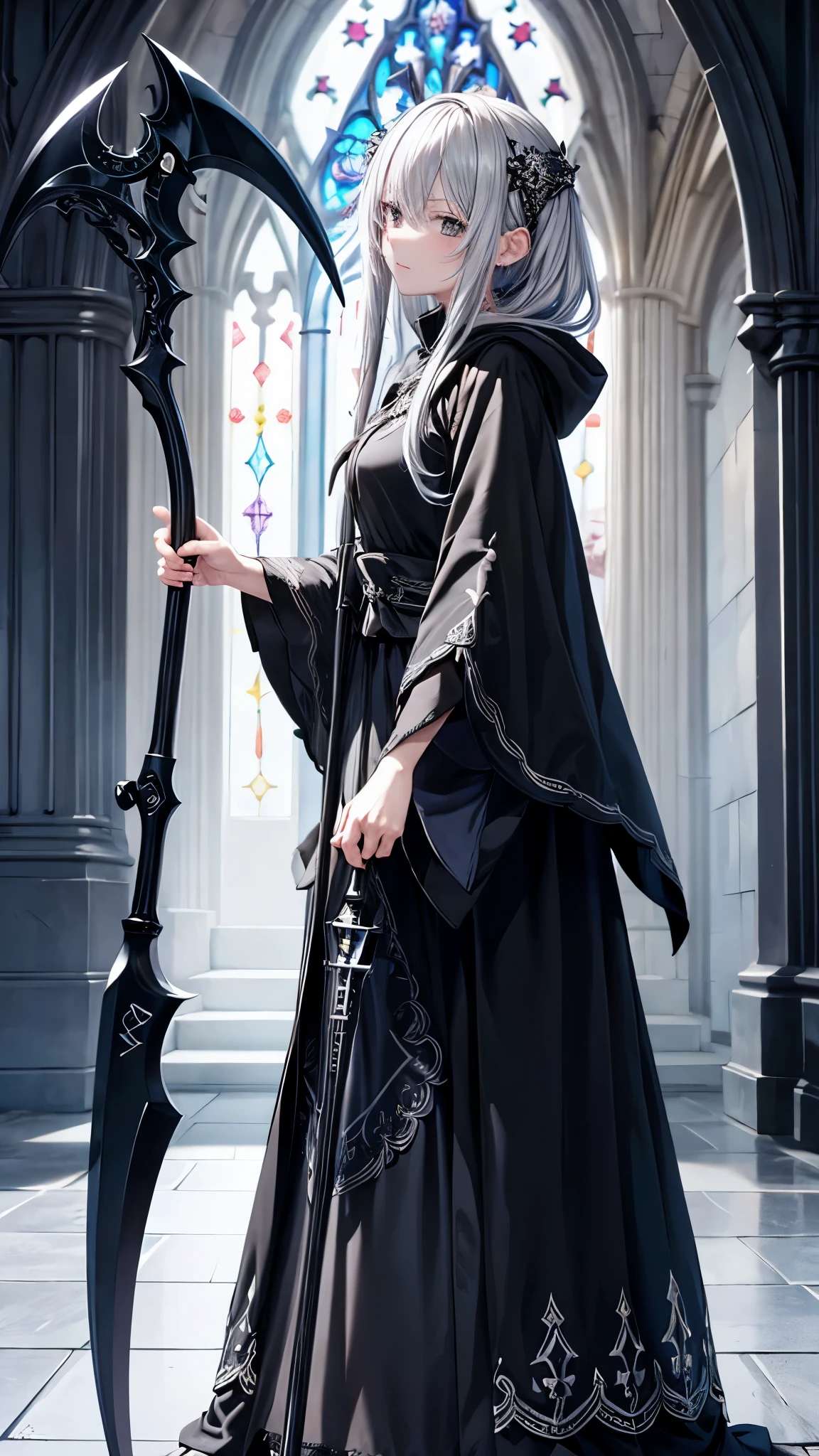 woman、beautiful、Silver Hair、Black embroidered hood、Embroidered and decorated robes、Black Dress、What size is the person standing there holding a scythe in his hand?、Ice Magic、cathedral、night、dark、Elfriede