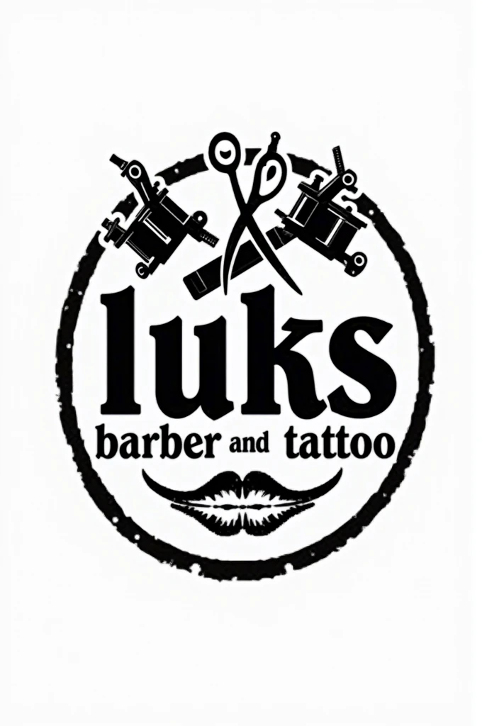 Circular logo with the name "Luks Barber and tattoo" It should be black and white with a hairdressing razor, scissors and tattoo machines.