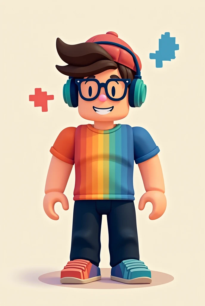 Brown-haired male character is a Roblox pixel, he has glasses, a cap and headphones, his shirt is of many colors and he has black pants 