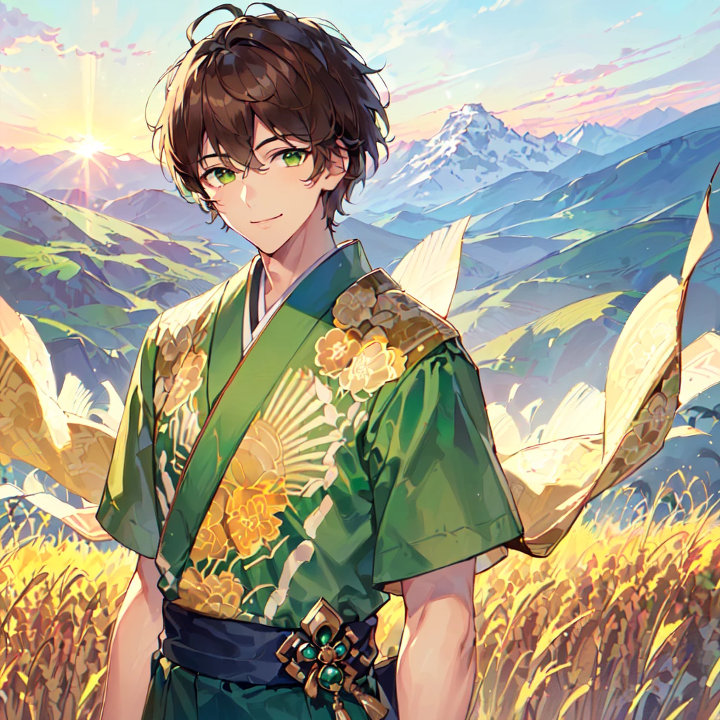 masterpiece, best quality, high quality, extremely detailed, (1 male handsome age 19, solo alone: 1.5), (short short hair: 1.5), (brown hair color), (yellowish green eyes: 1.3), 8 heads tall, slender nose, facial muscles, throat (Kimono with short sleeves and pants: 1.3), (standing), (dynamic pose), (smile: 1.3), (background rice field and mountains: 1.3), (morning sun: 1.3), (upper body:1.3)