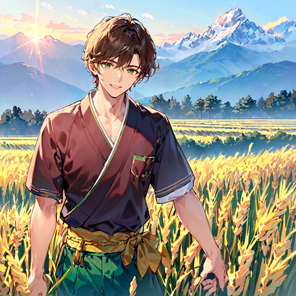 masterpiece, best quality, high quality, extremely detailed, (1 male handsome age 19, solo alone: 1.5), (short short hair: 1.5), (brown hair color), (yellowish green eyes: 1.3), 8 heads tall, slender nose, facial muscles, throat (Kimono with short sleeves and pants: 1.3), (standing), (dynamic pose), (smile: 1.3), (background rice field and mountains: 1.3), (morning sun: 1.3), (upper body:1.3)