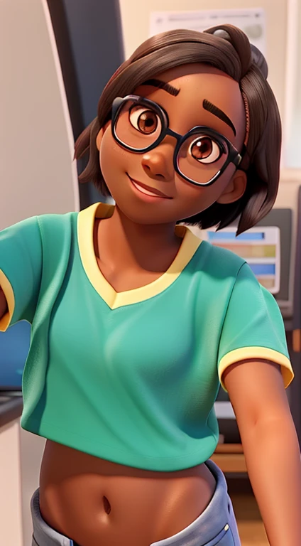 dark skin girl with short straight hair, light brown eyes in glasses background
