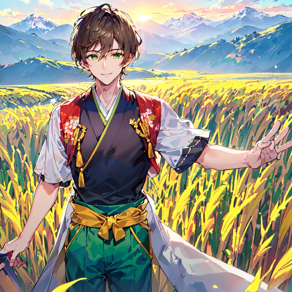 masterpiece, best quality, high quality, extremely detailed, (1 male handsome age 19, solo alone: 1.5), (short short hair: 1.5), (brown hair color), (yellowish green eyes: 1.3), 8 heads tall, slender nose, facial muscles, throat (Kimono with short sleeves and pants: 1.3), (standing), (dynamic pose), (smile: 1.3), (background rice field and mountains: 1.3), (morning sun: 1.3), (upper body:1.3)