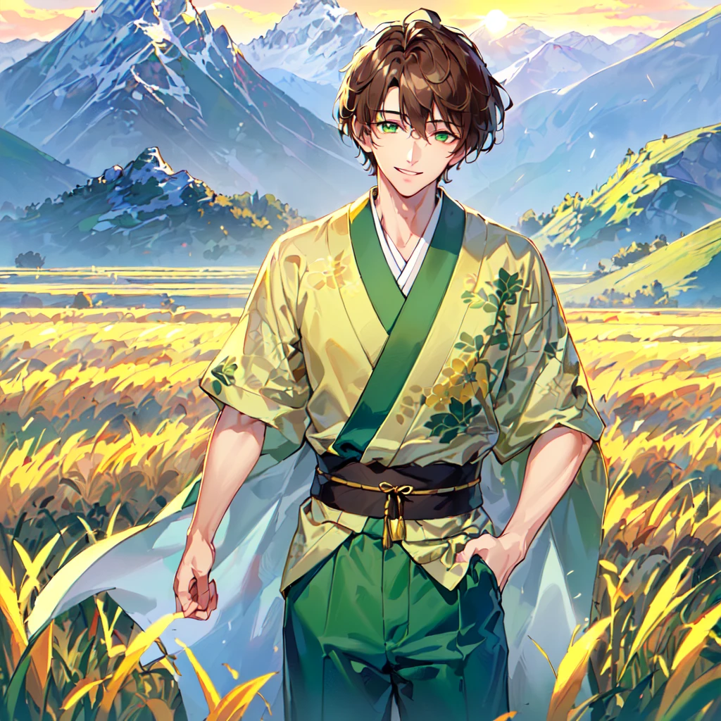 masterpiece, best quality, high quality, extremely detailed, (1 male handsome age 19, solo alone: 1.5), (short short hair: 1.5), (brown hair color), (yellowish green eyes: 1.3), 8 heads tall, slender nose, facial muscles, throat (Kimono with short sleeves and pants: 1.3), (standing), (dynamic pose), (smile: 1.3), (background rice field and mountains: 1.3), (morning sun: 1.3), (upper body:1.3)