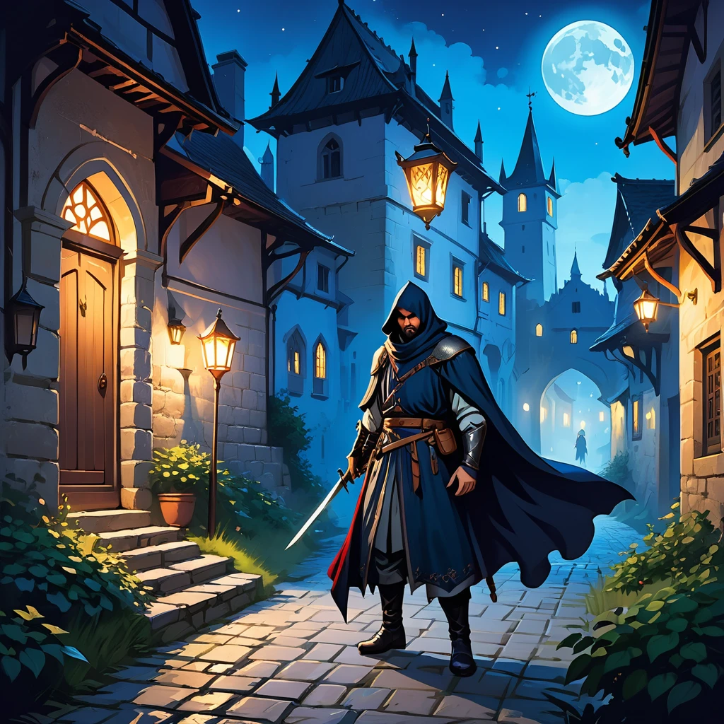 Medieval Europe,at night,An assassin in night clothes,Lurking behind a noble man。Mid-ground composition,Game illustration style,Magic style,Suitable for card illustrations。