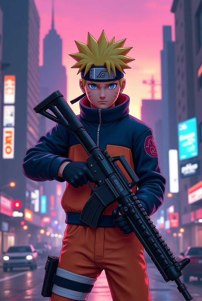 Naruto with gun, artstyle gta 5 loading screen, in width photo