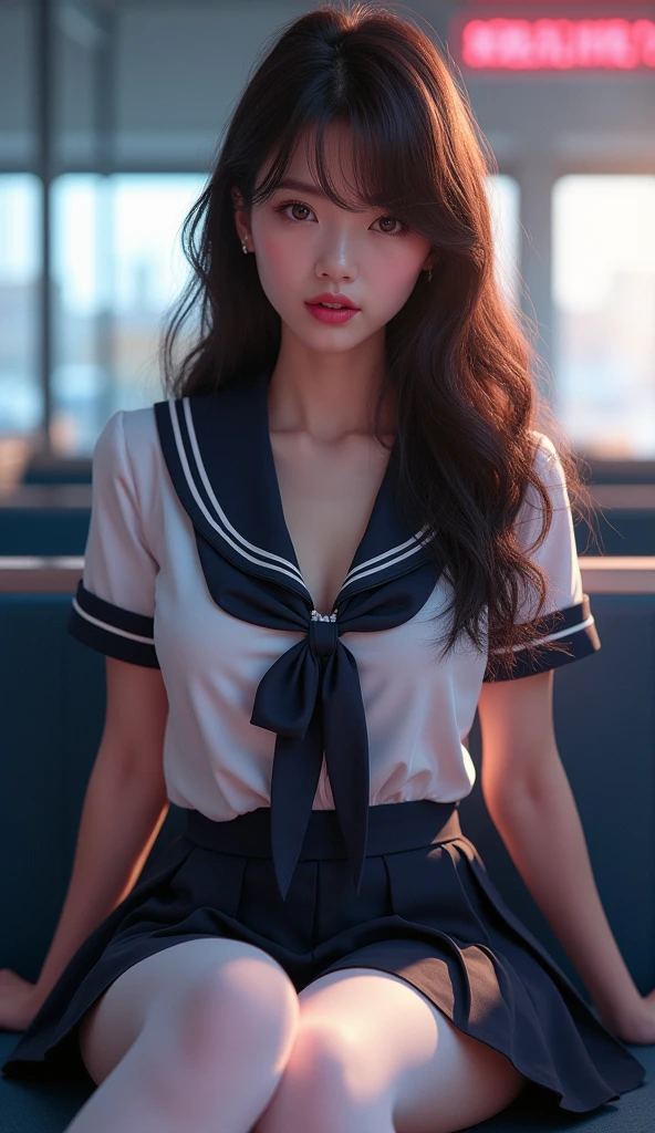 ultra realistic 8k cg, picture-perfect face, flawless, clean, masterpiece, professional artwork, famous artwork, perfect face, beautiful face, beautiful eyes, ((perfect female body)), solo,(immersive atmosphere, chiaroscuro:1.5,bright light:1.2,luminous lighting) ,,(blush:0.5),seductive expression,extremely detailed_eyes,thick thighs,large breasts, beautifully detailed background,depth of field,realistic:1.3, long shot,1girl,shirt,pleated skirt, school uniform, sitting, full body, (ambient light:1.3),(cinematic composition:1.3),(neon lights:0.1),(HDR:0.1),Accent Lighting, white pantyhose,
