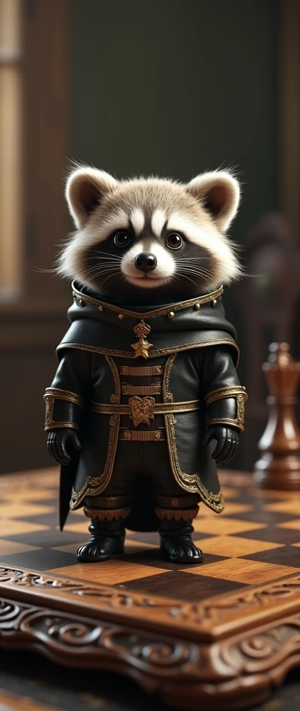 A captivating 3D render featuring a charmingly fluffy baby raccoon dressed as a chess knight, with a polar bear-like head and an elegant black-and-gold outfit. The raccoon's eyes are filled with intelligence and mischief, invoking a sense of playful intrigue. It stands on an intricately carved antique wooden chessboard within a dimly lit, vintage-style room. The atmosphere of the scene is both mysterious and sophisticated, drawing the viewer into this whimsical world of high-stakes play., photo, 3d render, conceptual art