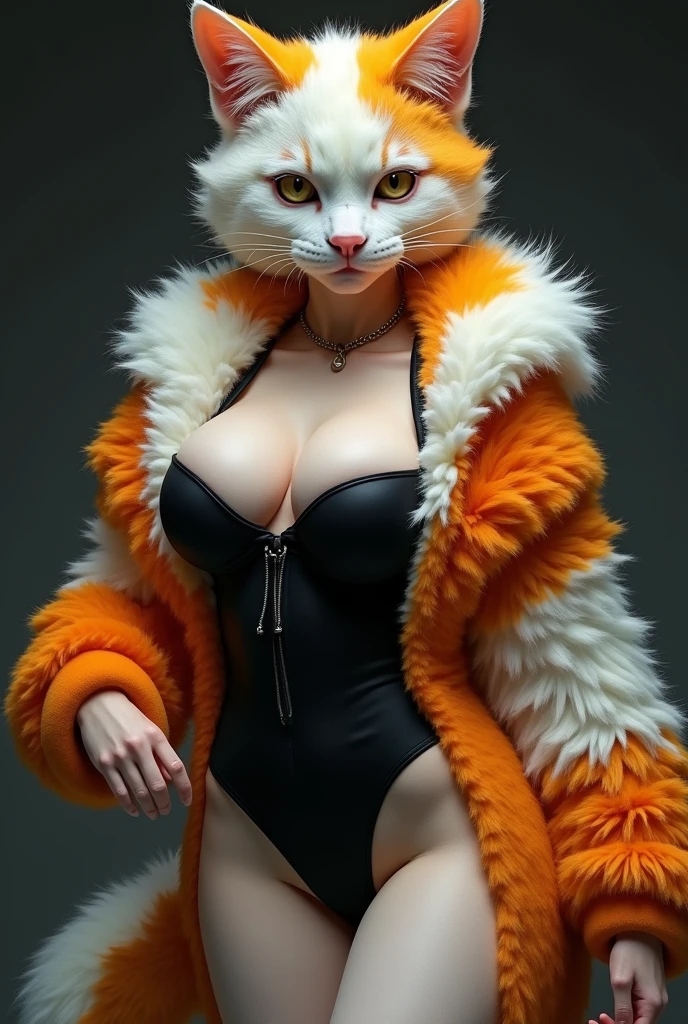A woman with cat features with white and orange fur in a black shirt with large breasts and more hair with a human face