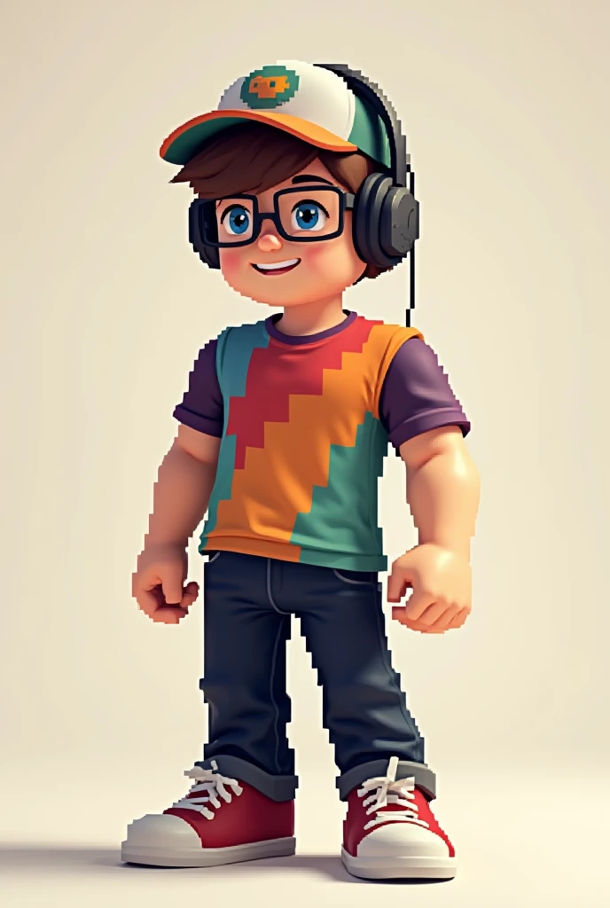 Brown-haired male character is a Roblox pixel, he has glasses, a cap and headphones, his shirt is of many colors and he has black pants 