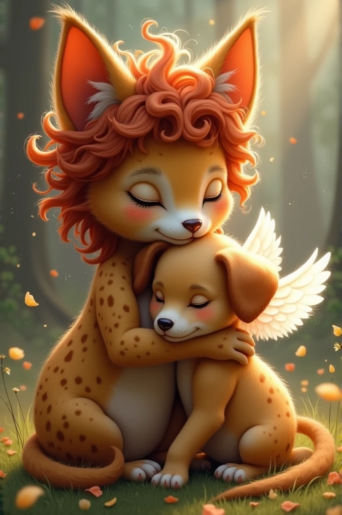 Create a curly red haired pard cuddling a light brown Pincher puppy with angel wings