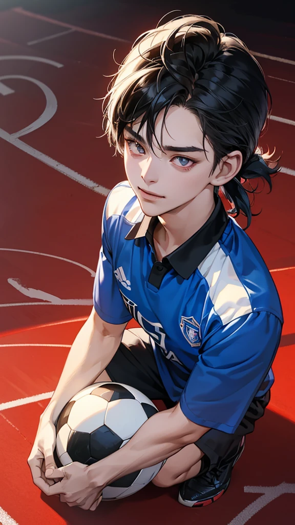 blue japanese soccer team jersey, Small short fragile boy, beautiful feminine face, black hair, messy hair, mullet-cut, smirking, holding soccer ball, shining crimson eyes, masterpiece, 8k, photorealistic, chiaroscuro lighting, dramatic shadows, cinematic composition, soccer field background, full body