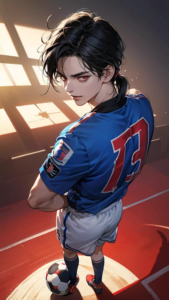 blue japanese soccer team jersey, Small short fragile boy, beautiful feminine face, black hair, messy hair, mullet-cut, smirking, holding soccer ball, shining crimson eyes, masterpiece, 8k, photorealistic, chiaroscuro lighting, dramatic shadows, cinematic composition, soccer field background, full body
