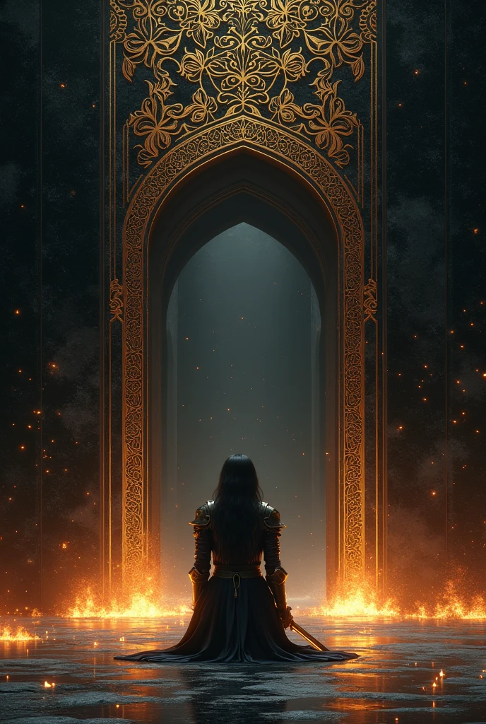 Black marble background with small details of gold engravings. Details of small sparks of fire that melt from orange to gold. In the center a subtle and small silhouette of a woman with her back turned in armor sticking a sword into a stone, kneeling in the distance at the entrance of a temple.