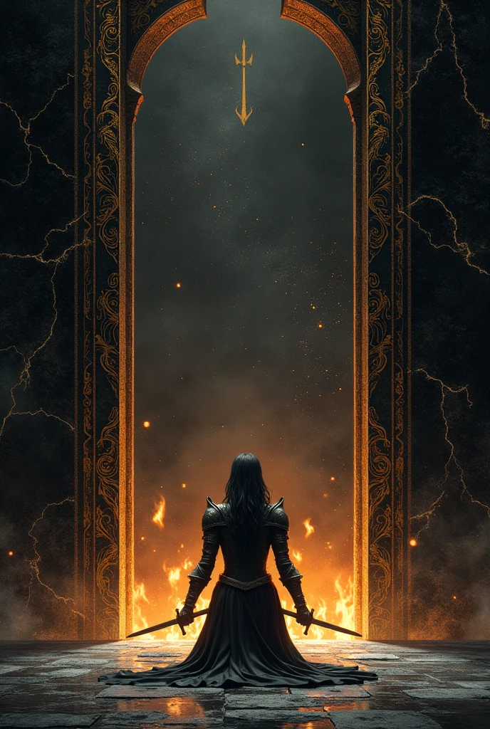 Black marble background with small details of gold engravings. Details of small sparks of fire that melt from orange to gold. In the center a subtle and small silhouette of a woman with her back turned in armor sticking a sword into a stone, kneeling in the distance at the entrance of a temple.