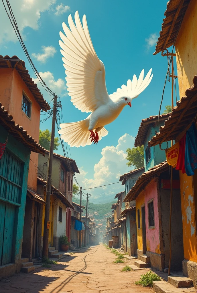 A dove taking flight on an airstrip inside a Brazilian favela drawing to paint