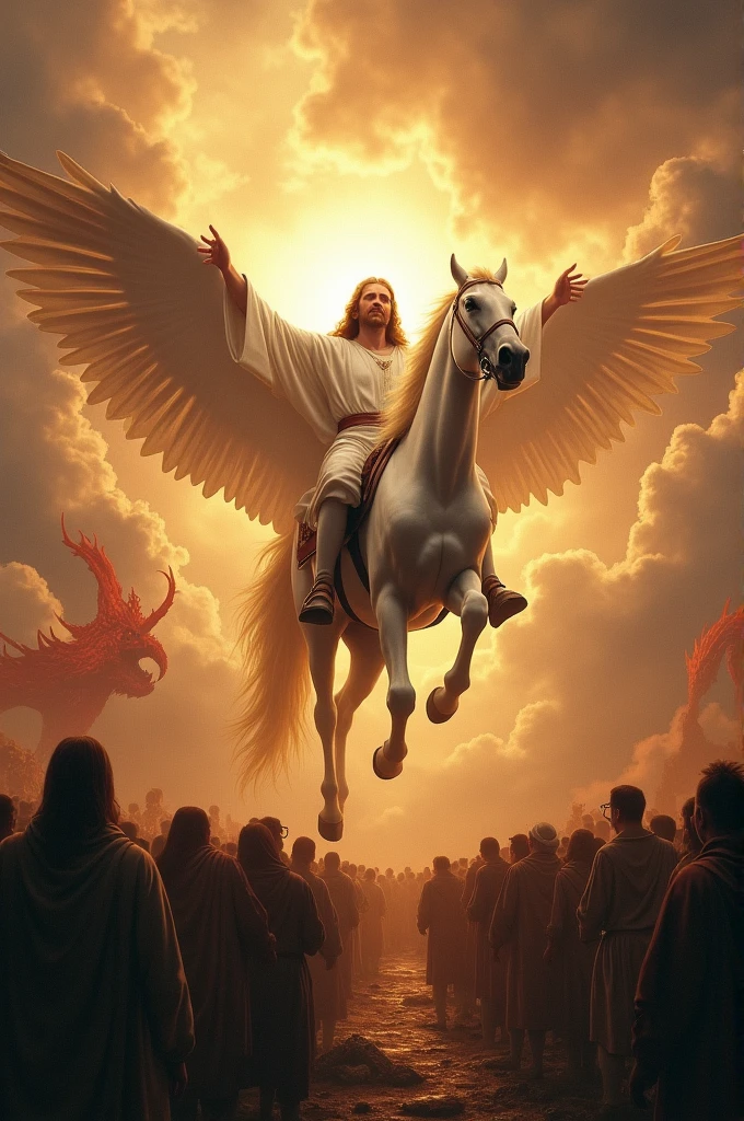 The apocalypse, people crying repentant, Jesus riding a flying white horse, a chained red dragon from hell