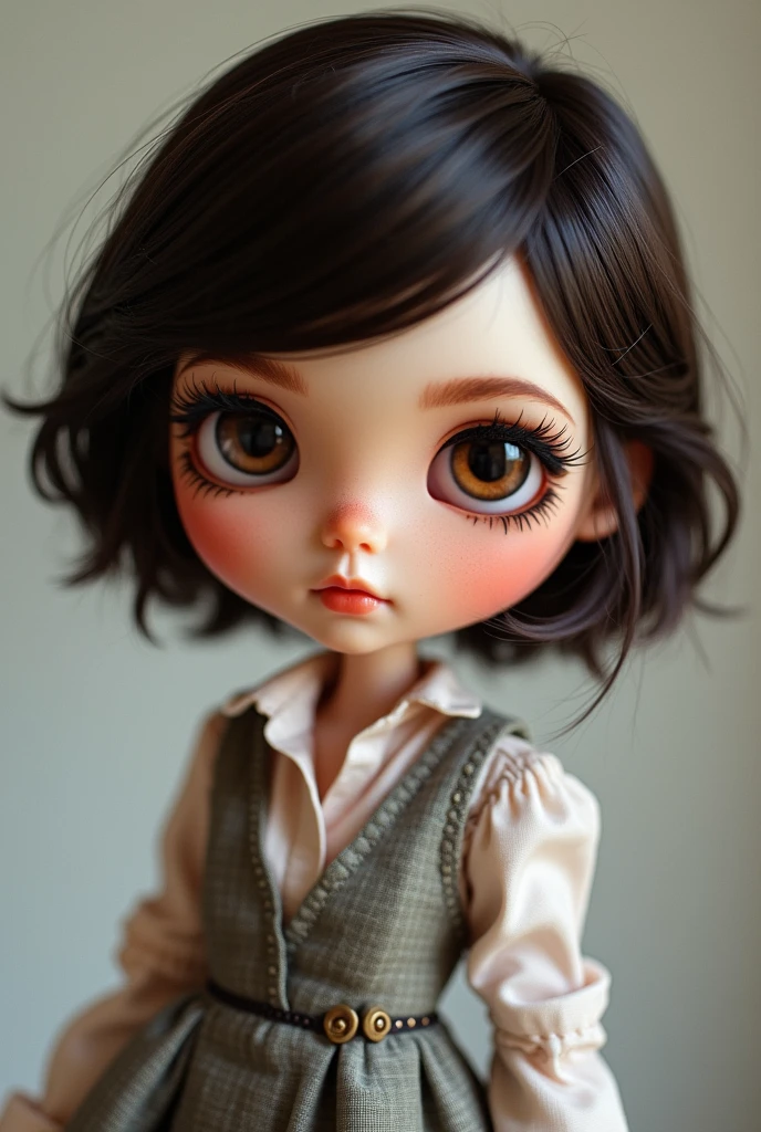 Can you send me a blythe doll with short dark brown hair spelt brown eyes eyeliner,makeup,without bangs and a coquettish outfit