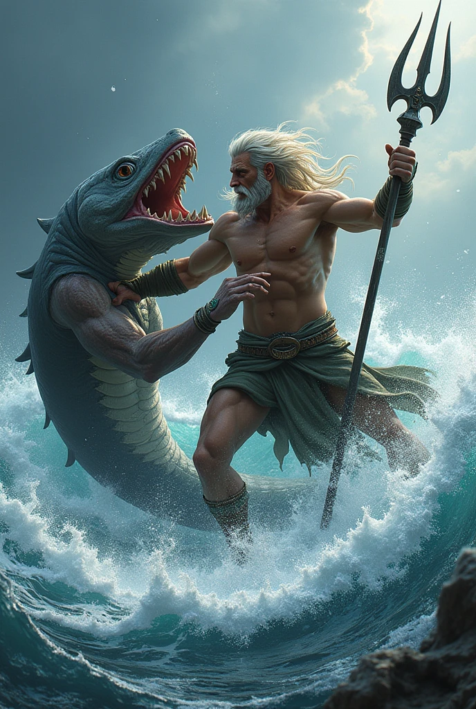 poseidon with his trident fighting the ocean titan who is half human half fish 

