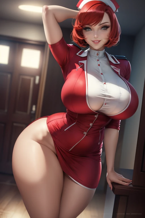 Nurse, sexy pose, big breasts, curvy, smile, bob haircut, sexy nurse uniform, redhead
