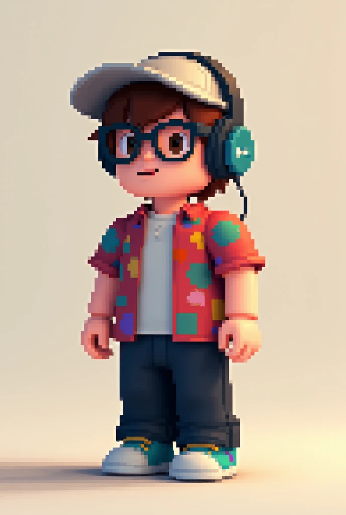 Brown-haired male character is a Roblox pixel, he has glasses, a cap and headphones, his shirt is of many colors and he has black pants