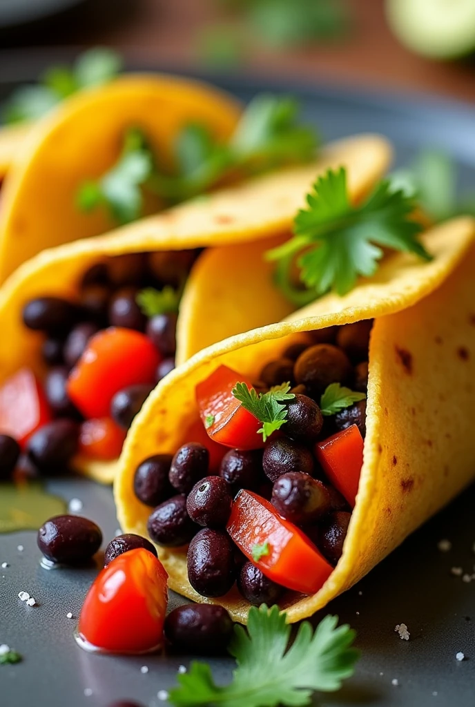 Create an image of this recipe: Corn Tortillas with Black Bean Filling Ingredients:
- Corn tortillas: 4 units - Cooked black beans: 200 g - Red pepper: 100 g - Onion: 50 g
- Cilantro fresco: 10 g - Olive oil: 15 ml
- Sal: 5 g - Pepper: 2 g Preparation:
1. Wash and cut the pepper and onion into small cubes..
2. In a frying pan, Heat the olive oil and fry the onion and pepper until tender..
3. Add the black beans and simmer for 5 minutes..
4. Heat the tortillas in a frying pan or in the oven..
5. Fill the tortillas with the bean and vegetable mixture., and decorate with chopped fresh cilantro.
6. Serve hot.