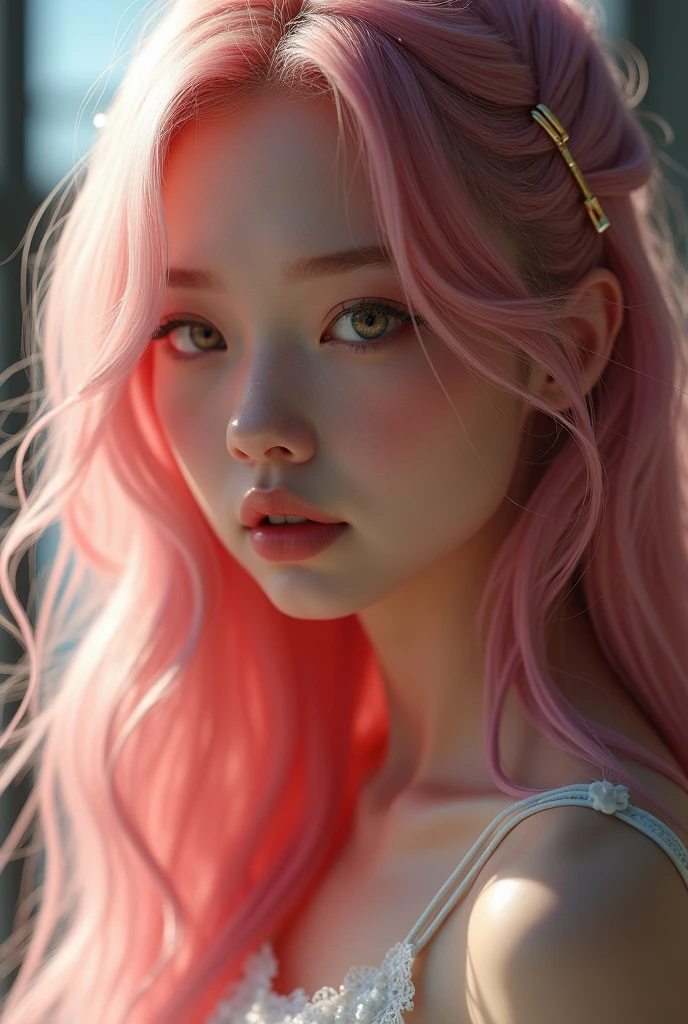 pinkies Hair,Long hair,single sidelock hairpin blush modern cinematic lighting,Raytracing,drop shadow, wide angle shot, uhd,textured skin,High details,Best quality 4K
