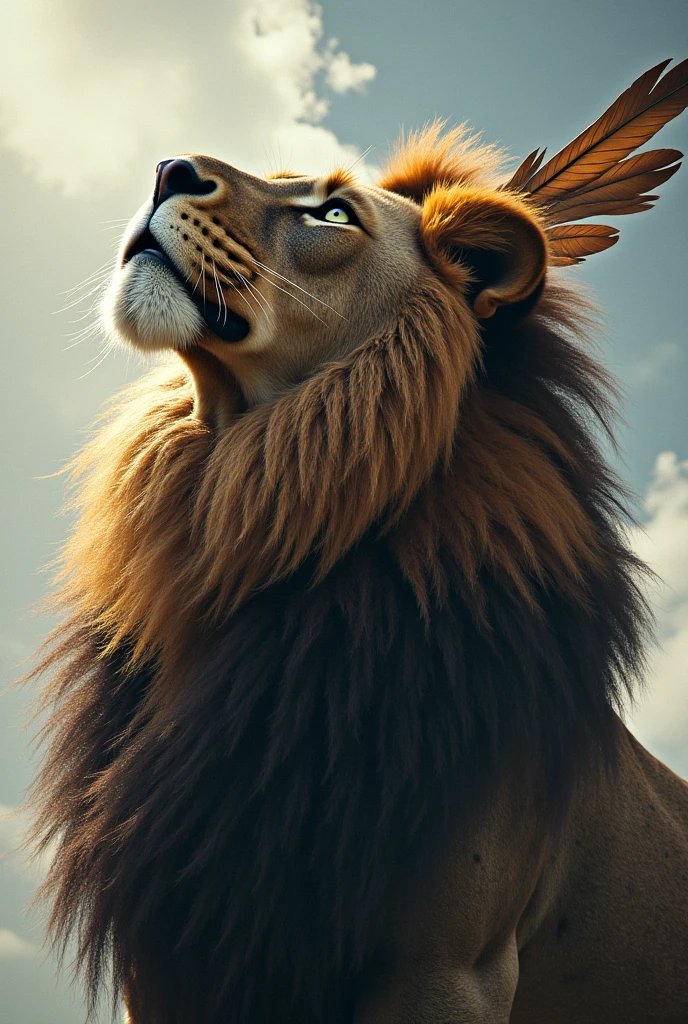 Tatoo lion head looking for thé Sky with hawk plum in the Mane