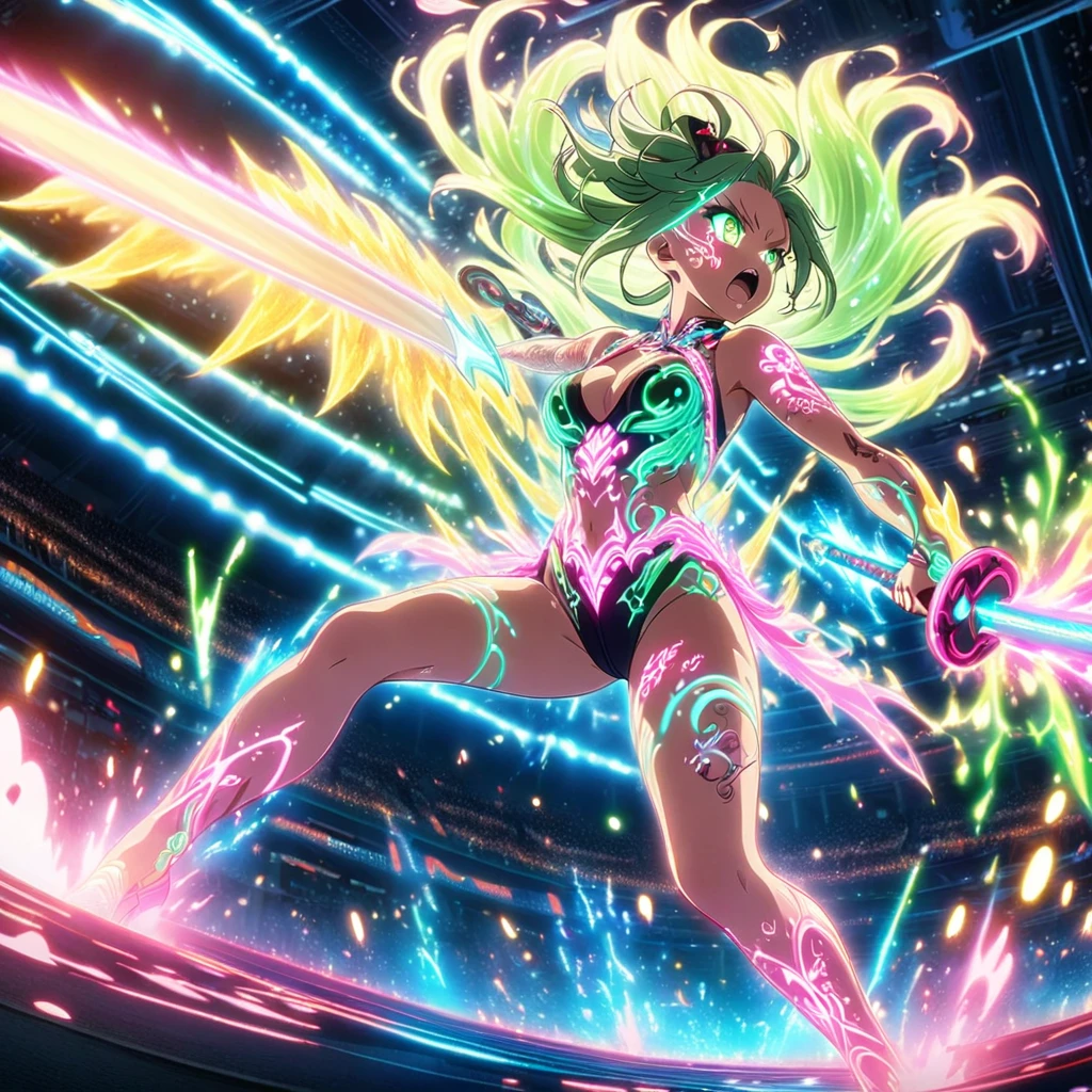 Action scenes,battle,Anime Screenshots、 Artistic anime illustration of a woman adorned with glowing neon Dragon tattoos all over her body and face。 The tattoos on his arms and legs are a mix of pink and Green runes.、It emits a neon light。 She has long, flowing hair.、、 This scene has a dreamy soft focus effect.Sword、 It emphasizes the dreamy glow of the tattoo.、front,Slashing,neon,fighting,sppining