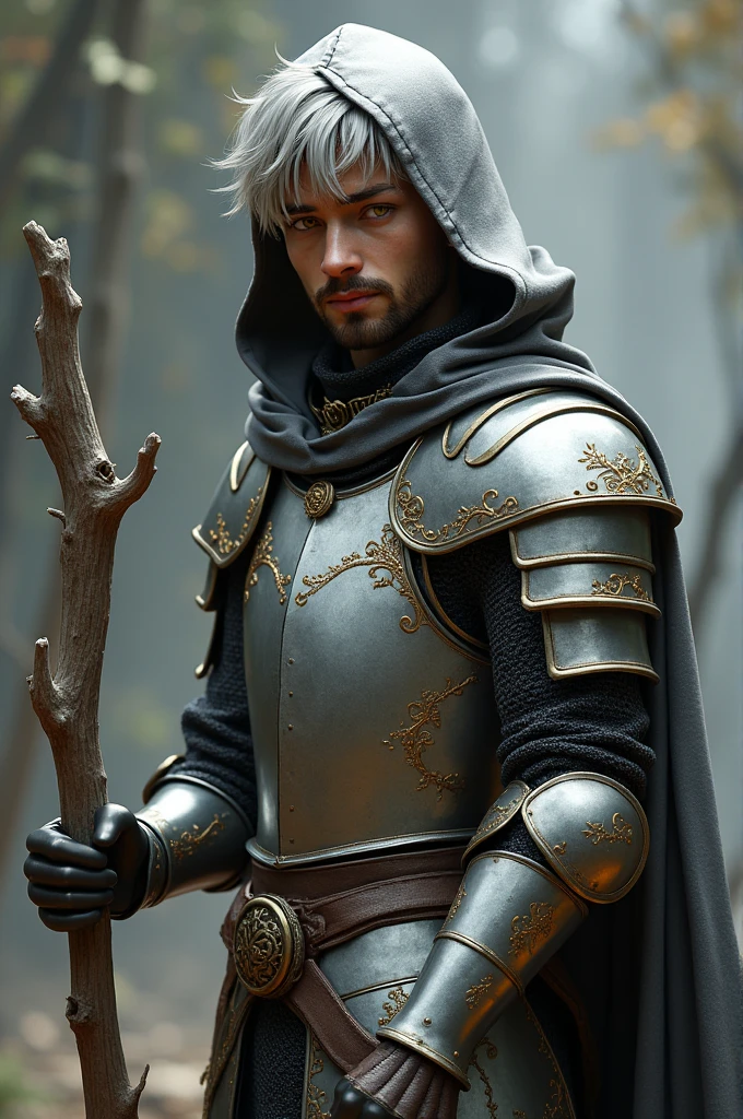 Young knight in broad armor, silver plated with gold filigree, covered by layer, head covered by hood, brown skin, medium short silver hair, short beard, golden eyes with light, leaning on a stick that looks like a branch